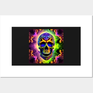 Skull Tie Dye Psychedelic Trippy Festival Hippie Neon Posters and Art